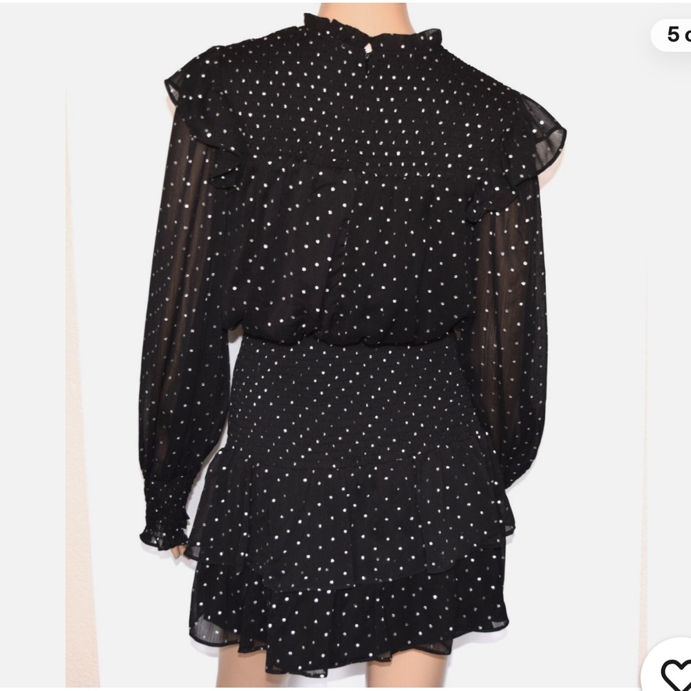 Vici x Gina Black Sheer Polka Dot Chiffon Smocked Ruffle Long Sleeve Mini Dress - Picture 8 of 12